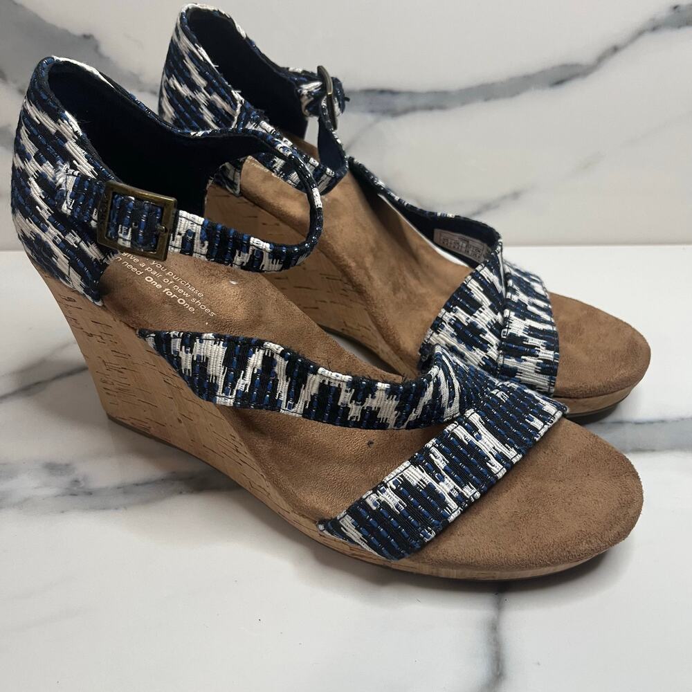 TOMS Women's Blue Canvas Cork Wedge Comfort Sienna Sandals Sz 8.5 Casual Beachy